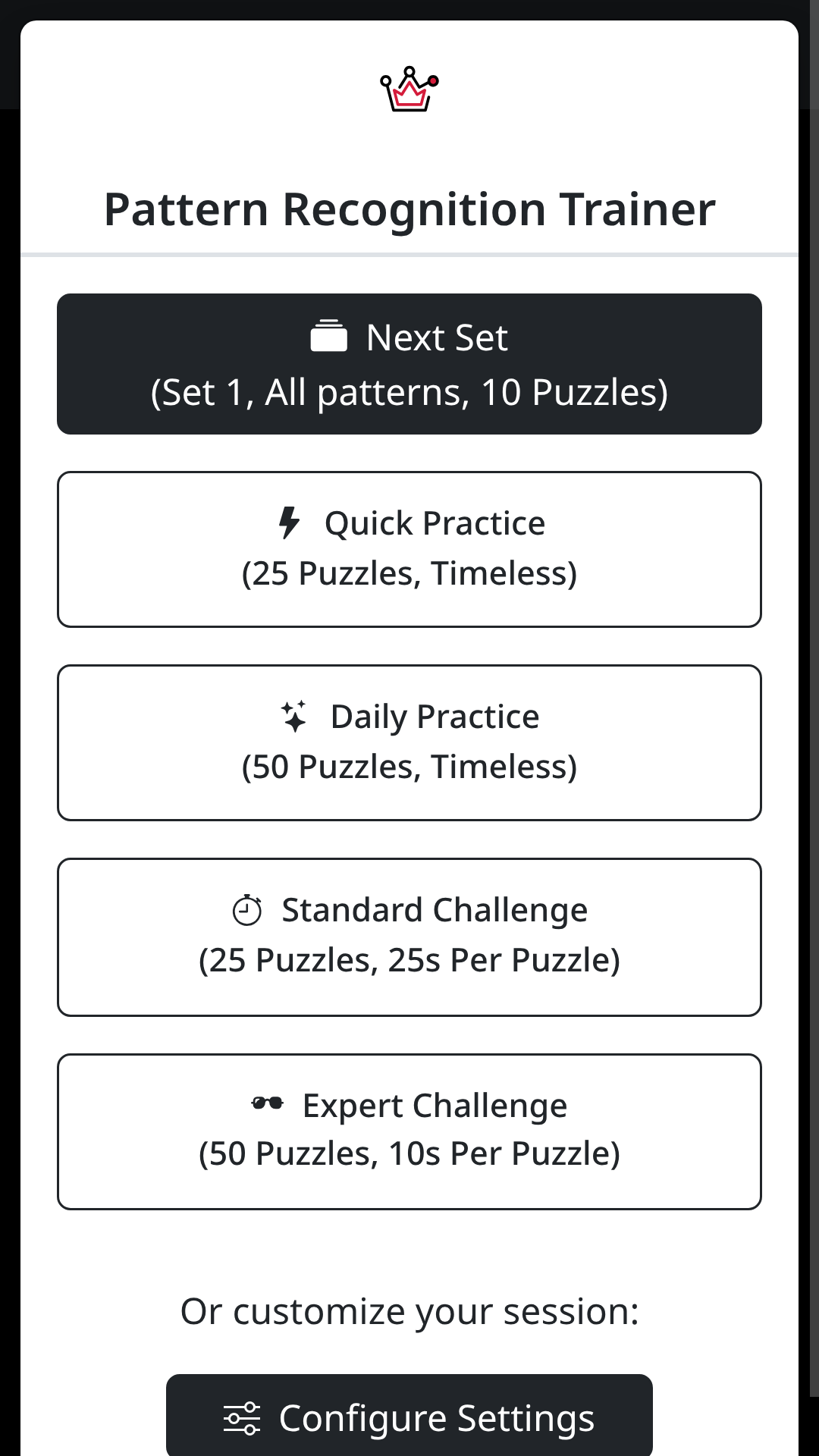 Pattern Recognition Trainer menu listing Next Set, Quick Practice, Daily Practice, Standard Challenge and Expert Challenge sessions, with a Configure Settings button