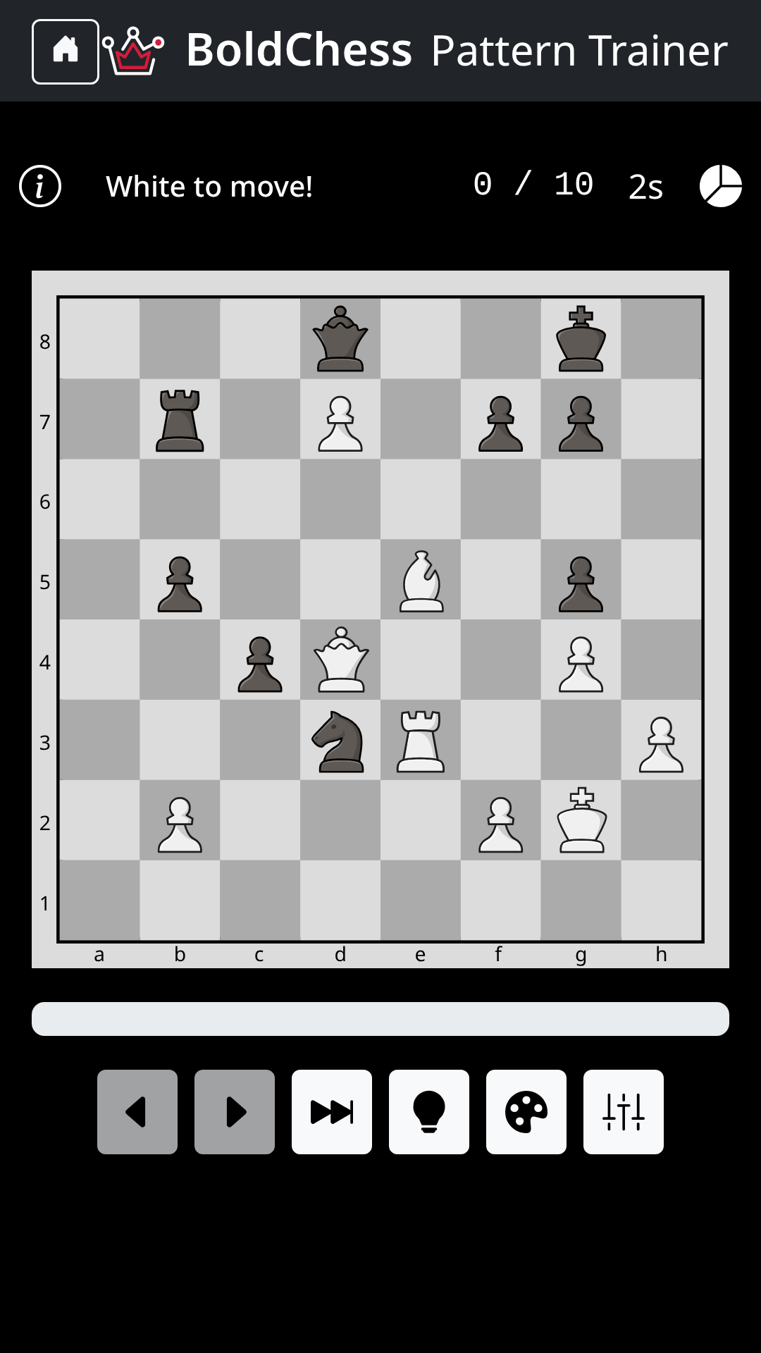 A pattern puzzle: a chess position with White to move, a 0 of 10 counter, a timer and board controls