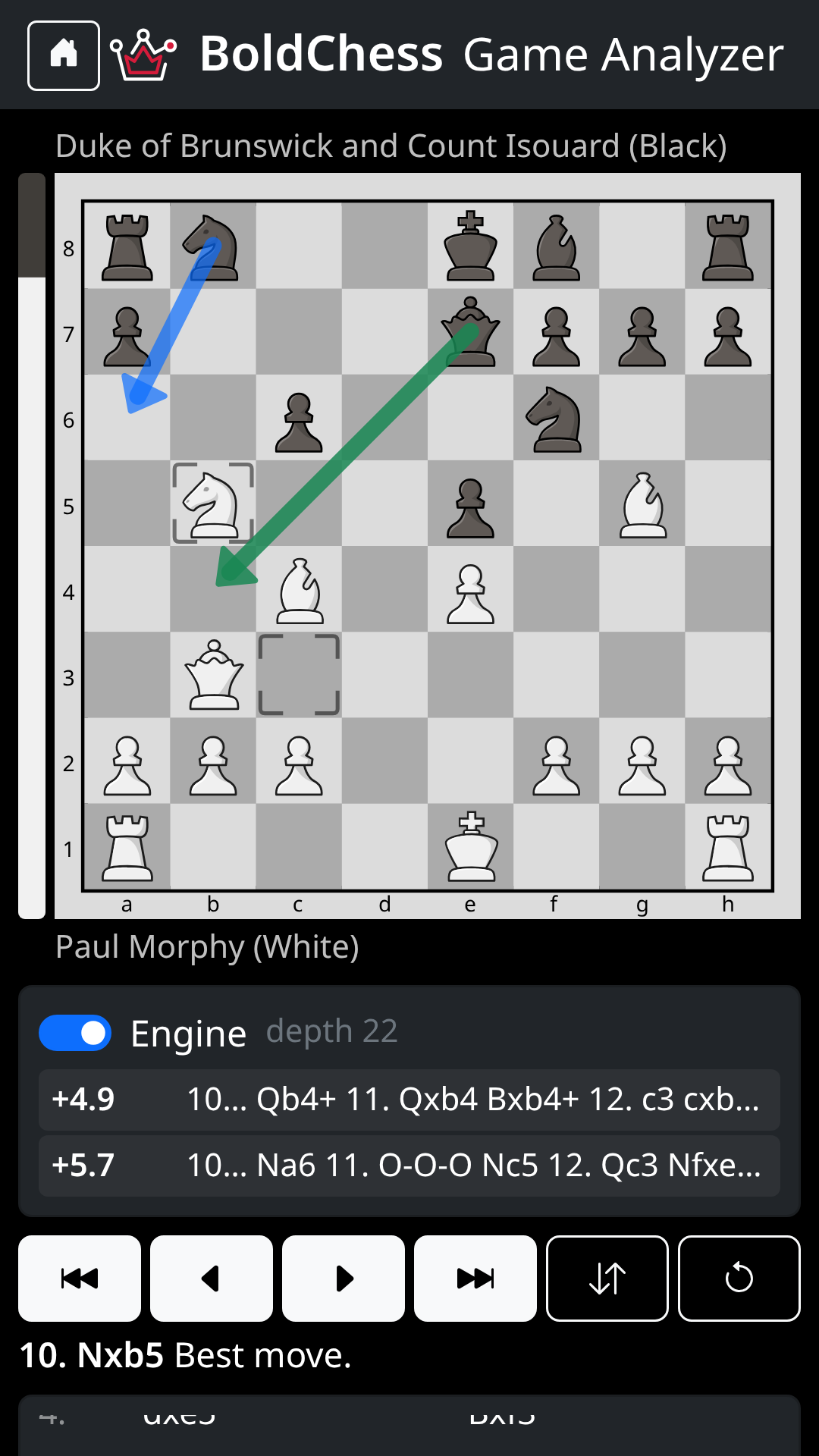 Game Analyzer on a Paul Morphy game: board with engine arrows, engine lines at depth 22 and the note 10. Nxb5 Best move
